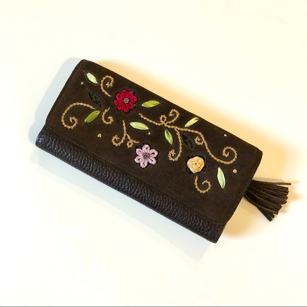 Brighton Suede, Pebble Leather & Embroidered Wallet EUC.